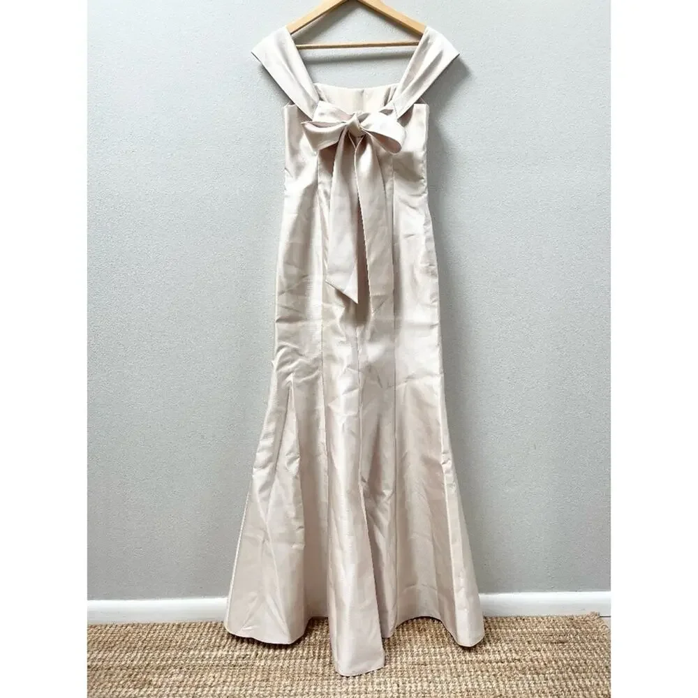 ALFRED SUNG Off-Shoulder Satin Maxi Gown in Champagne - Picture 6 of 9